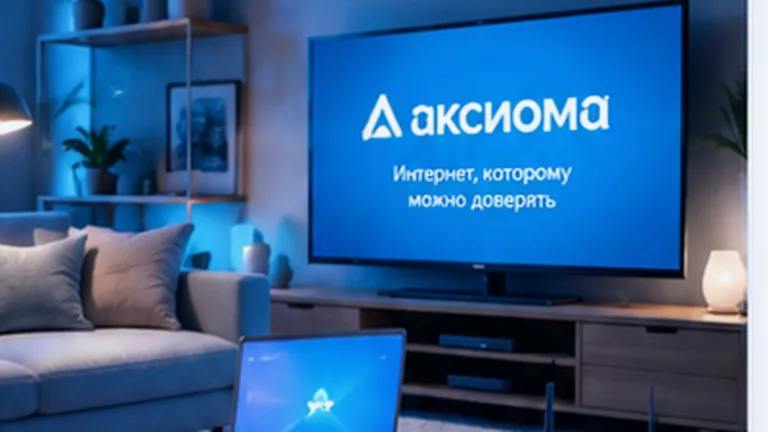 Домашняя гостиная с телевизором, ноутбуком и Wi‑Fi оборудованием Аксиомы
