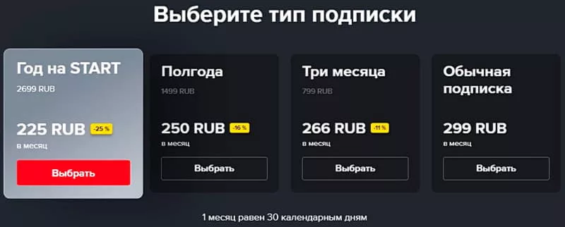 Выбор тарифа подписки онлайн-кинотеатра на разные периоды