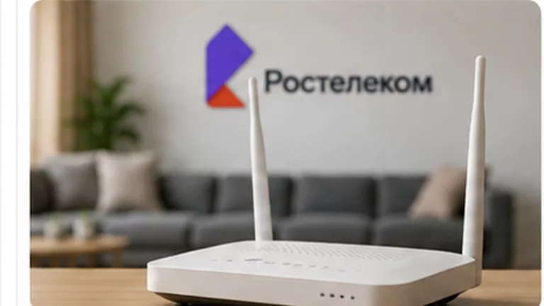 Домашний роутер на фоне фирменного знака Ростелекома
