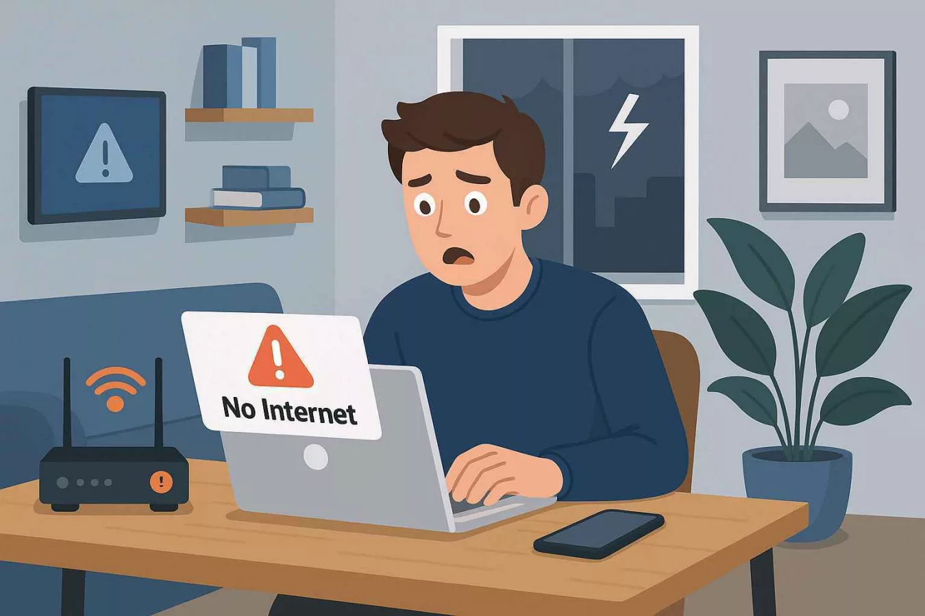 Пользователь без интернета за ноутбуком — пример сбоя основной линии